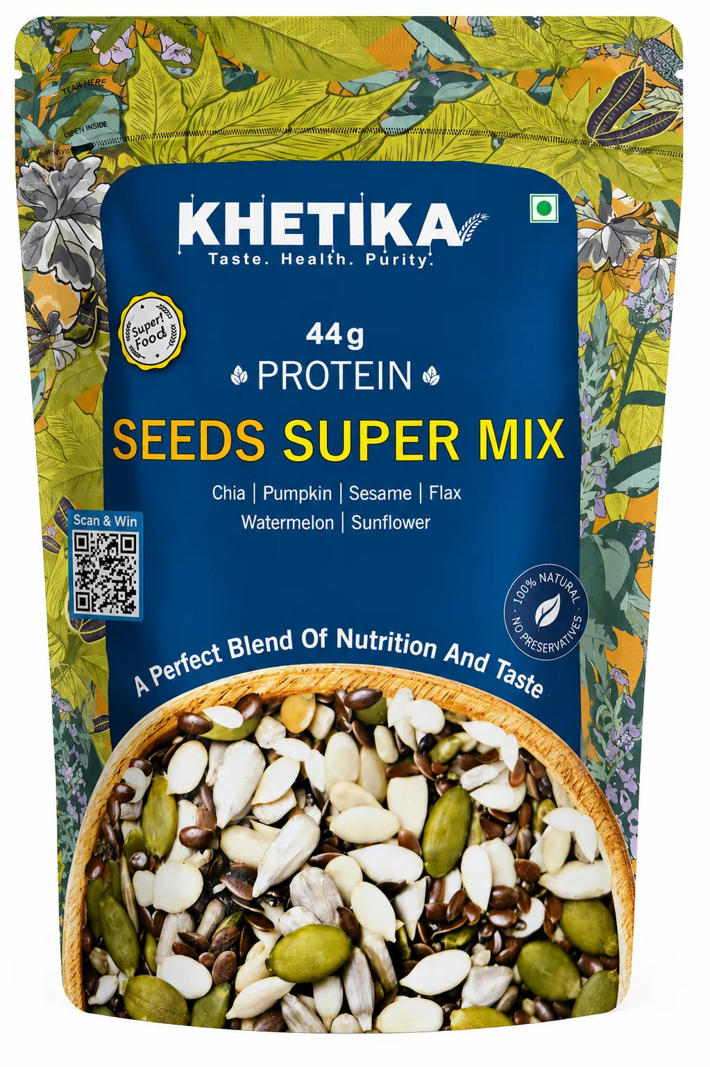 A stand-up pouch of Khetika Seeds Super Mix protein blend containing chia, pumpkin, sesame, flax, watermelon, and sunflower seeds, shown against a patterned yellow and green background.